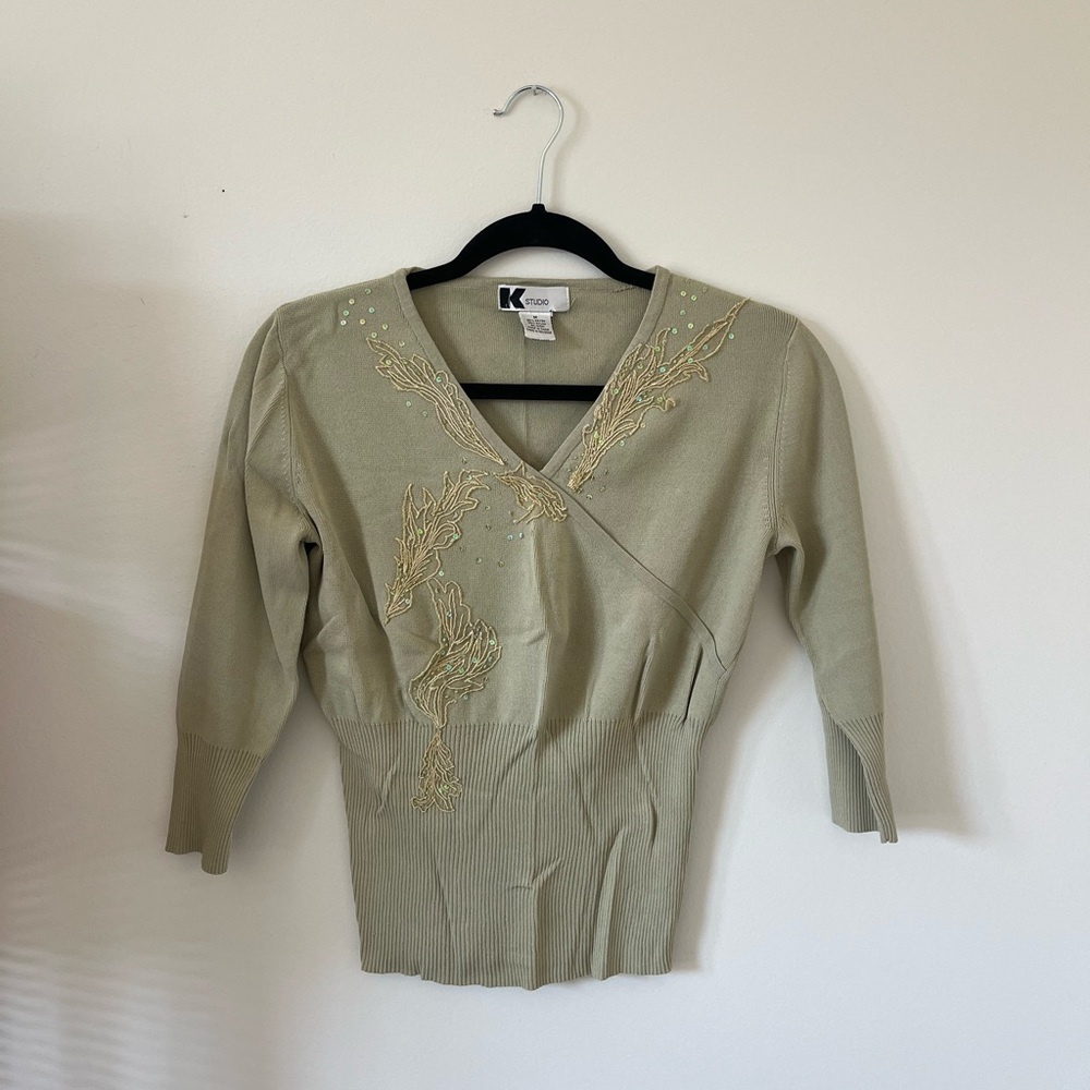 Vintage Green Beaded Embroidered Sweater